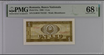 1 leu 1966 PMG68 UNC bancnota gradata foto