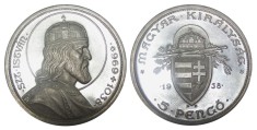 q345 UNGARIA 5 PENGO 1938 Stefan cel Sfant argint perioada hortista NECIRCULATA UNC