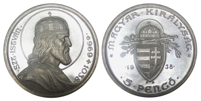 q345 UNGARIA 5 PENGO 1938 Stefan cel Sfant argint perioada hortista NECIRCULATA UNC