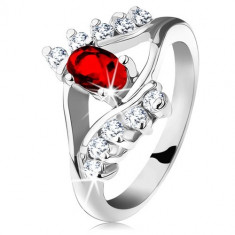 Inel strălucitor de culoare argintie, oval roșu fațetat, zirconii transparente - Marime inel: 60