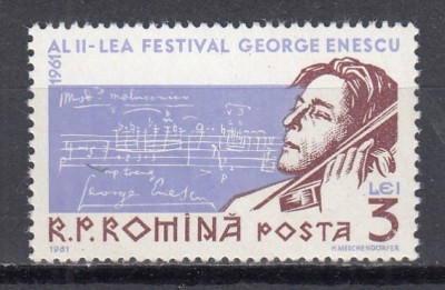 ROMANIA 1961 LP 522 AL II-LEA FESTIVAL GEORGE ENESCU MNH foto