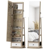 HOMCOM Oglindă-dulap pentru bijuterii cu lumini LED Dulap pentru bijuterii cu oglindă pentru &icirc;ntregul corp Rotativ 360&deg; Sertar &Icirc;ncuietoare Natural | A