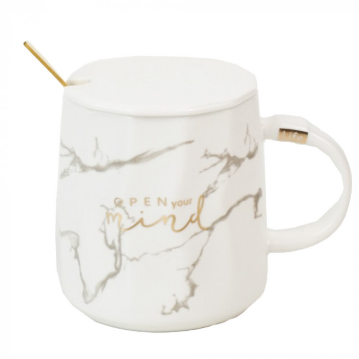 Cana cu capac din ceramica si lingurita Pufo Mind &amp; Life pentru cafea sau ceai, 350 ml, alb