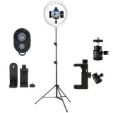 Pachet vlogging pentru telefon cu trepied reglabil 200 cm, ring light LED cu telecomanda, suport telefon rotativ 360 , brat metalic cu hot shoe si tel
