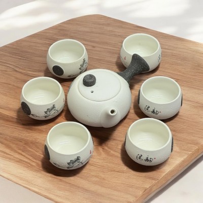 Set Ceainic 150 ml si 6 Cupe, Ceramica, Black foto