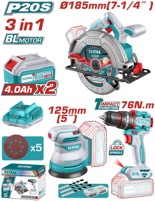 TOTAL - KIT COMBO 20V -4.0Ah - FIERASTRAU CIRCULAR, SLEFUITOR , MASINA DE GAURIT CU IMPACT (INCLUDE PowerTool TopQuality