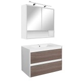 Set Mobilier Baie Leziter Porto 80 cm, Alb / Rauna Szil, Cu Chiuveta Ceramica si Oglinda, Modern, Suspendat