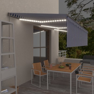 vidaXL Copertină retractabilă manual cu stor&amp;amp;LED, albastru&amp;amp;alb, 6x3 m foto