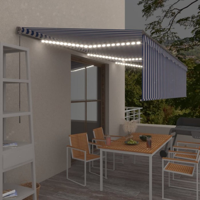 vidaXL Copertină retractabilă manual cu stor&amp;LED, albastru&amp;alb, 6x3 m
