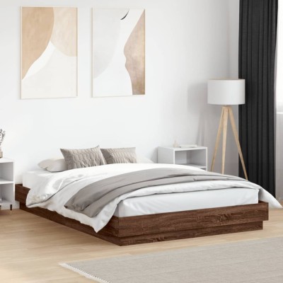 vidaXL Cadru de pat cu lumini LED, stejar maro, 150x200 cm 3209792 foto