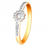 Inel din aur combinat 14K - floare strălucitoare transparentă, brațe cu zirconii - Marime inel: 52