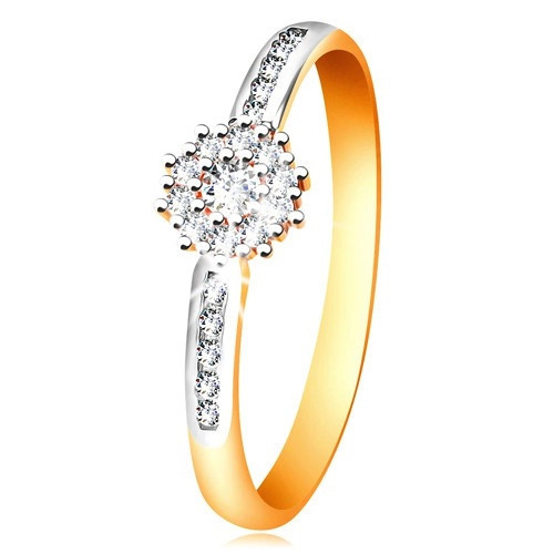 Inel din aur combinat 14K - floare strălucitoare transparentă, brațe cu zirconii - Marime inel: 49