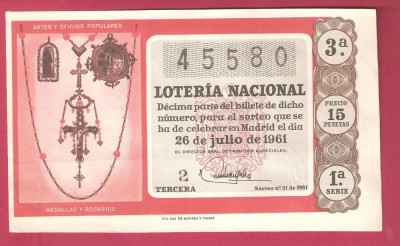 SPANIA - LOTERIA NACIONAL Bilet 15 pesetas / 1961. foto