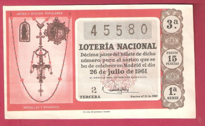 SPANIA - LOTERIA NACIONAL Bilet 15 pesetas / 1961.