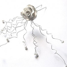 Ac par mireasa, produs nunta, perle sticla, trandafir fimo foita argint 13887