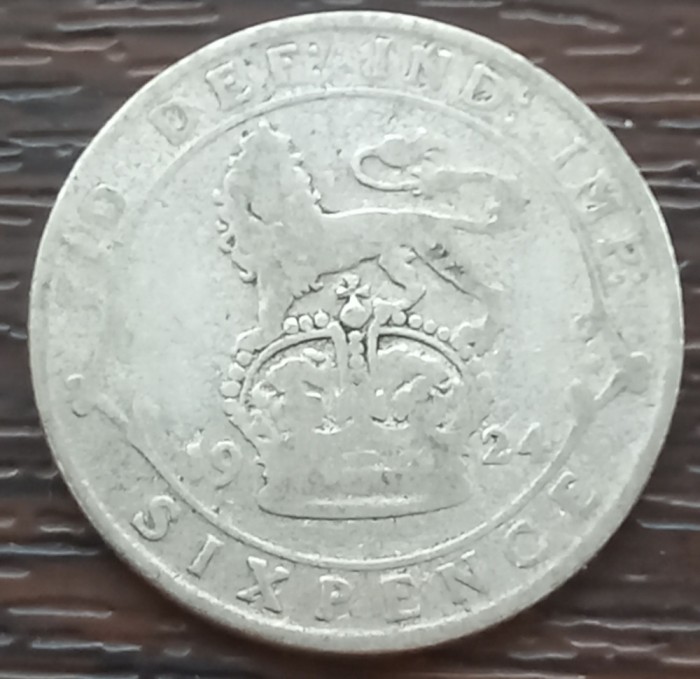 (A832) MONEDA DIN ARGINT ANGLIA - 6 PENCE 1924, REGELE GEORGE AL V-LEA, 2,83 GRAME, PURITATE 500