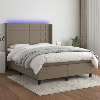 vidaXL Pat cu arcuri, saltea și LED, gri taupe, 140x190 cm, textil foto