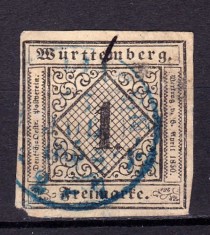 ✅ (S44) Germania veche - Wurttemberg 1851 &quot;Cifra in romb&quot; , Michel nr. 1 cota 130 Euro , stampilat , mica subtiere