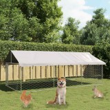 Padoc caini exterior vidaXL cu acoperis, 400x200x150cm, otel galvanizat, argintiu, tarc siguranta, protectie UV si intemperii