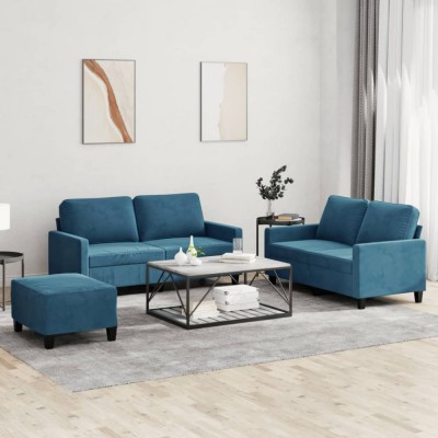 vidaXL Set de canapele cu perne, 3 piese, albastru, catifea foto