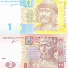 Bancnota Ucraina 1 si 2 Hryvnia 2011 - P116Ab/P117c UNC ( set x2 )