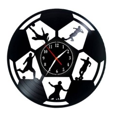 Ceas de Perete Decorativ &ldquo;Football Stadium &ndash; Goal&rdquo;, din Disc Vinil Reciclat, Design Fotbal, Negru, Mecanism Silențios (Sweep), 30 cm