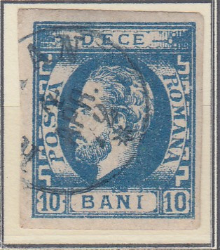 ROMANIA 1871 LP 31 b REGELE CAROL I CU BARBA 10 BANI ALBASTRU T5 STAMPILAT