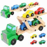 Camion de Lemn cu Remorcă și Set de 4 Mașinuțe Colorate, Funcțional și Sigur pentru Copii
