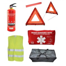 Kit Siguranta auto obligatoriu complet Omologat &ndash; Stingator 1KG, Trusa Medicala, 2 Triunghiuri, Vesta, Geanta