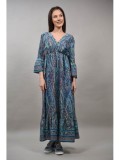 Cumpara ieftin Rochie Lunga Boho Chic Multicoloră Decolteu V, Bumbac, Mărimi S-M, L-XL, Verde/Turcoaz/Fucsia