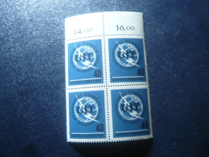 Bloc 4 valori RFG 1965 - 100 Ani UIT , margine coala