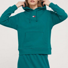 Tommy Jeans hanorac de bumbac femei, culoarea verde, cu glugă, imprimeu DW0DW17326