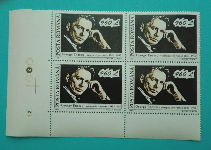 TIMBRE ROMANIA 1995 L.P. 1376 40 ANI GEORGE ENESCU BLOC DE 4 VALORI MNH