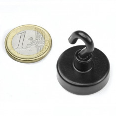 Magnet neodim oala Ø25,3 mm, cu carlig negru, putere 16 kg