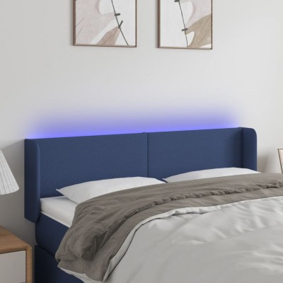 Tăblie de pat cu LED, albastru, 147x16x78/88 cm, textil foto