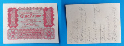 Bancnota veche - Austria 1 Krone 1922 - in stare foarte buna foto