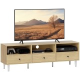 HOMCOM Mobilier TV pentru p&acirc;nă la 75&quot;, cu 3 sertare, 3 rafturi deschise și canal pentru cabluri, 140 x 34 x 45 cm, lemn natural | Aosom Romania