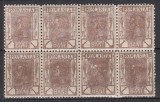 ROMANIA 1900/1906 LP 54 a REGELE CAROL I SPIC DE GRAU FARA FILIGRAN VALOAREA 1 BANI BRUN DESCHIS BLOC DE 8 TIMBRE IMPRESIUNE DEFECTUOASA STARE MNH, Nestampilat