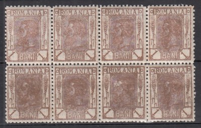 ROMANIA 1900/1906 LP 54 a REGELE CAROL I SPIC DE GRAU FARA FILIGRAN VALOAREA 1 BANI BRUN DESCHIS BLOC DE 8 TIMBRE IMPRESIUNE DEFECTUOASA STARE MNH foto