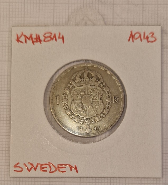 Sweden Suedia 1 Krona, coroana, KM#814, argint