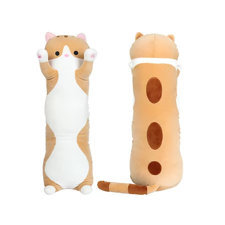 Jucarie pisica plus lunga, tip perna, hipoalergenica, 50 cm, culoare bej-roscat