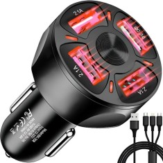 Incarcator auto USB cu 4 porturi + cablu 3 in 1 Micro USB iPhone USB Type-C, incarcare rapida, compact, 3A, 12-32V, negru