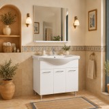 Set mobilier baie cu lavoar GN1531, front MDF cu lavoar ceramic, 80 cm, 3 usi, picioare reglabile cromate, balamale soft close si oglinda baie cu poli
