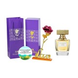 Cumpara ieftin Set complet pentru Ea, parfum de femei Giordani Gold Essenza, insotit de insigna Dactylion cu mesaj motivational, cadou un trandafir rosu suflat la ba
