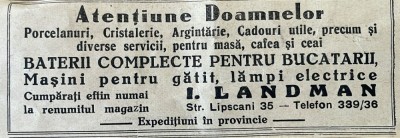 1931 Reclamă rom&amp;acirc;nească Magazin I. LANDMAN Str. Lipscani Nr.35 Bucuresti interbelic argintarie portelanuri cristalerie servicii cafea si ceai lampi foto