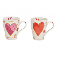 Set 2 cani ceramice, pentru cuplu, Valentine s Day, albe cu inimioare, 380ml foto