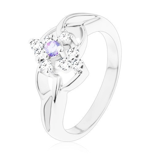 Inel strălucitor de culoare argintie, brațe asimetrice, zirconiu de culoare violet deschis - Marime inel: 48