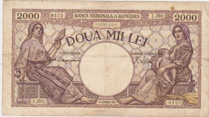 ROMANIA 2000 lei Octombrie 1944 Filigran BNR SCUT aF