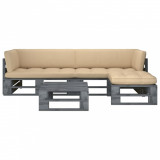 vidaXL Set mobilier din paleți cu perne, 4 piese, gri, lemn pin tratat 3066772