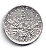 FRANTA 5 FRANCI 1961 ARGINT EXCELENTA AUNC, Europa